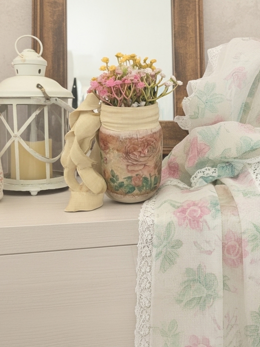 Shabby Chic Floral Ceramic Vase with Pink & Green Motif
